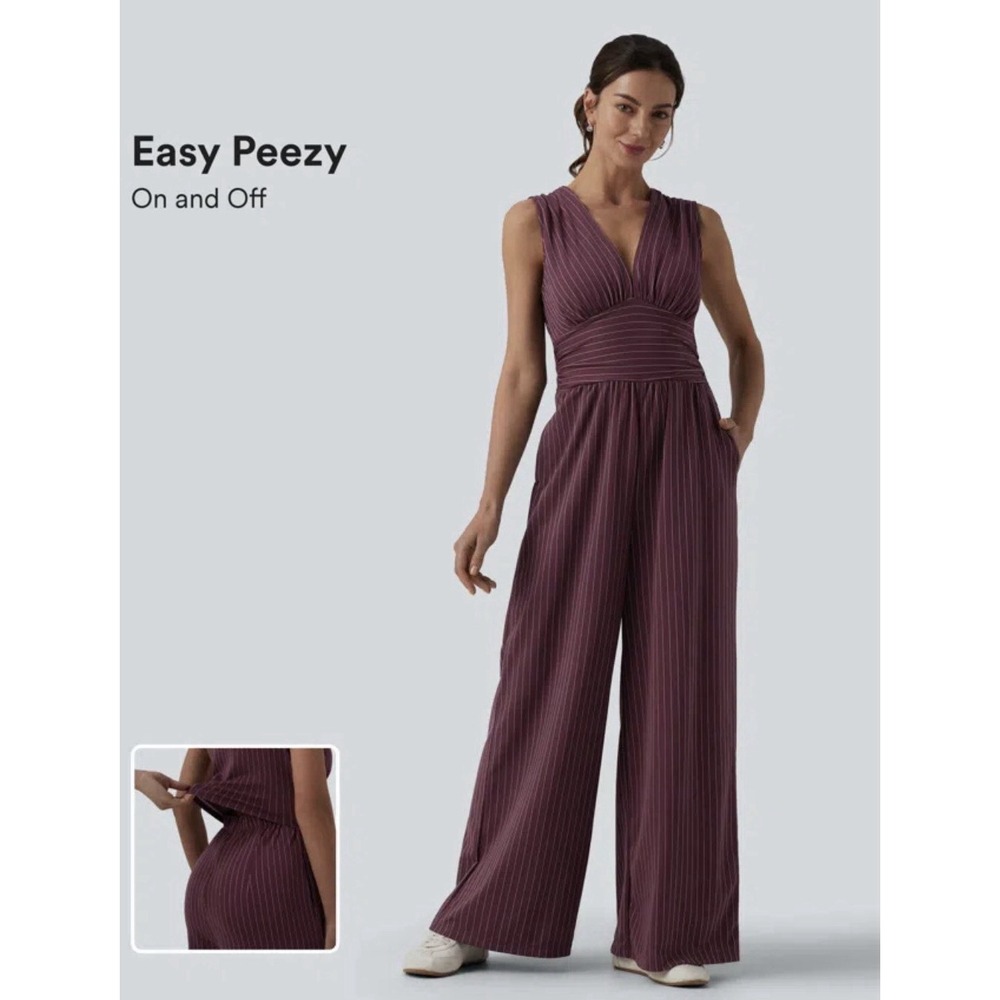 Halara Jumpsuit XL Burgundy Pinstripe Wide Leg Open Back Office Siren Romper